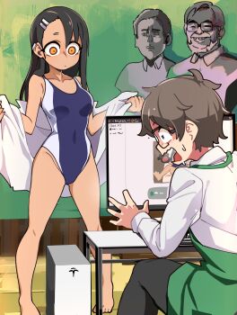 1girl absurdres ai-generated_art_(topic) asymmetrical_bangs black_hair bongftah brown_hair commentary computer glasses hachiouji_naoto hair_ornament hairclip highres ijiranaide_nagatoro-san miyazaki_hayao_(person) nagatoro_hayase short_hair statue sweat swimsuit