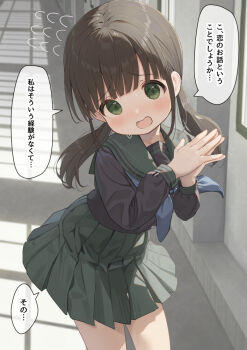 1girl black_shirt blue_neckerchief blush brown_hair commentary_request flying_sweatdrops green_eyes green_sailor_collar green_skirt long_hair long_sleeves looking_at_viewer mimikaki_(men_bow) miniskirt neckerchief open_mouth original own_hands_together pleated_skirt puffy_long_sleeves puffy_sleeves saegusa_kohagi_(mimikaki) sailor_collar sailor_shirt school_uniform serafuku shirt skirt solo speech_bubble translation_request twintails