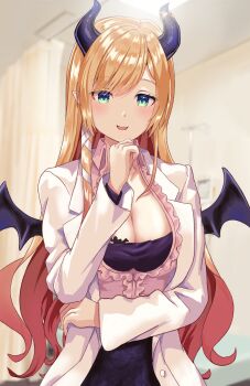 Rule 34 | 1girl, absurdres, arm under breasts, black horns, black skirt, black wings, blonde hair, blue eyes, breast tattoo, breasts, cleavage, coat, demon girl, demon horns, demon wings, frilled shirt, frills, hashtag-only commentary, highres, hololive, horns, indoors, lab coat, large breasts, lingmu, long hair, pink shirt, shirt, skirt, solo, tattoo, upper body, virtual youtuber, white coat, winged heart, winged heart tattoo, wings, yuzuki choco, yuzuki choco (1st costume)