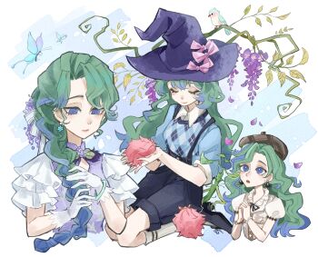 Rule 34 | 1girl, argyle clothes, argyle sweater, beret, bird, black shoes, black shorts, blue butterfly, blue eyes, blue streaks, blue sweater, bow, bracelet, braid, braided ponytail, branch, bright pupils, bug, butterfly, character request, closed eyes, closed mouth, copyright request, creature, curtained hair, earrings, falling petals, floral print, flower, flower earrings, frilled sleeves, frills, gloves, green hair, hair bow, hair flower, hair ornament, hair over shoulder, hat, hat bow, highres, holding, holding creature, insect, interlocked fingers, jewelry, kneehighs, long hair, multicolored hair, multiple views, neck ribbon, own hands together, parted bangs, pearl earrings, petals, print vest, puffy short sleeves, puffy sleeves, purple bow, purple flower, purple petals, purple vest, ribbon, seiza, shi lingyang ya, shoes, short sleeves, shorts, side ponytail, sitting, smile, socks, streaked hair, suspender shorts, suspenders, sweater, vest, white bow, white gloves, white pupils, white socks, wisteria, witch hat