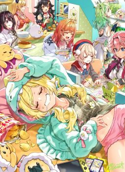 animal_ears antlers apron azki_(hololive) beret black_hair blue_eyes box breasts buru-dai cake cellphone ceres_fauna chips_(food) chopsticks cleavage colored_inner_hair commentary_request demon_horns dinosaur_hood drooling flower food food_on_face fork fur_jacket green_apron green_hair green_hoodie hair_flower hair_ornament hairclip hat head_wings holding holding_chopsticks holding_fork holding_plate holding_weapon hololive hololive_dev_is hololive_english hood hoodie horns ichijou_ririka indie_virtual_youtuber jacket large_breasts medium_breasts microwave midriff multicolored_hair navel nintendo_switch ookami_mio phone pink_hair plate pom_pom_(clothes) pom_pom_hair_ornament potato_chips red_apron red_hair red_hat red_sailor_collar sailor_collar sheep sheep_ears sheep_girl sheep_horns shigure_ui_(vtuber) shirt signature sleeping sleeveless sleeveless_shirt smartphone smile streaked_hair takane_lui tears tongue tongue_out trading_card tsunomaki_watame two-tone_hair virtual_youtuber watamate weapon window wings yuzuki_choco