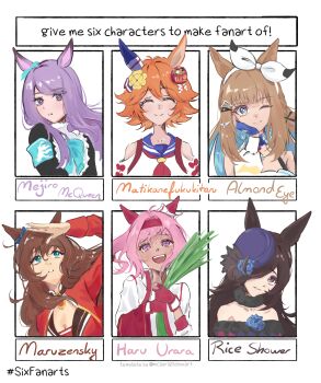 +_+ 6+girls almond_eye_(umamusume) animal_ears bare_shoulders black_dress black_hair blue_bow blue_eyes blue_flower blue_gloves blue_hair blue_sailor_collar bow bow_hairband breasts brown_hair cleavage closed_eyes closed_mouth clothing_cutout collar colored_inner_hair commentary dark-skinned_female dark_skin detached_collar dress ear_bow ear_covers english_commentary fingerless_gloves flower gloves hair_between_eyes hair_over_one_eye hairband hand_on_own_face haru_urara_(bestest_prize)_(umamusume) haru_urara_(umamusume) hat hat_flower highres holding_grass horse_ears horse_girl jacket long_hair looking_at_viewer looking_up maruzensky_(formula_r)_(umamusume) maruzensky_(umamusume) matikanefukukitaru_(rising_fortune)_(umamusume) matikanefukukitaru_(umamusume) mejiro_mcqueen_(frontline_elegance)_(umamusume) mejiro_mcqueen_(umamusume) multicolored_hair multiple_girls neyluse off-shoulder_shirt off_shoulder one_eye_closed open_mouth orange_hair parted_lips pink_hair ponytail purple_eyes purple_hair purple_hat purple_shirt red_gloves red_jacket red_shirt red_sleeves rice_shower_(rosy_dreams)_(umamusume) rice_shower_(umamusume) sailor_collar shading_eyes shirt short_hair shoulder_cutout single_ear_cover smile two-tone_hair umamusume white_collar white_hairband white_jacket white_shirt