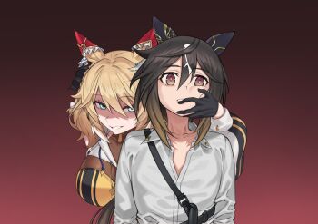 2girls black_background black_gloves blonde_hair blue_eyes bright_pupils brown_hair cheek_squash collarbone collared_shirt commentary ear_covers ear_ornament false_smile fukuro_(maruaru00) genderswap genderswap_(mtf) gloves gradient_background gradient_eyes gradient_hair hair_between_eyes hand_on_another&#039;s_cheek hand_on_another&#039;s_face hand_on_another&#039;s_mouth highres multicolored_eyes multicolored_hair multiple_girls original partially_unbuttoned personification purple_eyes red_background see-through_clothes shaded_face shirt sidelocks smile soccer_boy_(racehorse) stay_gold_(umamusume) strap two-tone_eyes umamusume white_hair white_shirt yellow_eyes