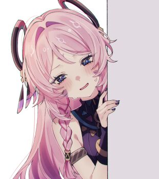 1girl bare_shoulders blue_eyes blush braid citlali_(genshin_impact) facial_mark fingernails floating_headgear forehead_mark genshin_impact headgear highres long_hair looking_at_viewer nail_polish parted_lips peeking_out pink_hair pink_pupils purple_nails sleeveless solo sweat very_long_hair woolly_(ll_0o0)