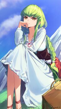 1girl blue_sky braid braided_ponytail brown_bag c.c. closed_mouth cloud code_geass day dress frilled_dress frills grass green_hair highres long_hair long_sleeves looking_at_viewer outdoors s_panda_k sitting sky solo very_long_hair white_dress yellow_eyes
