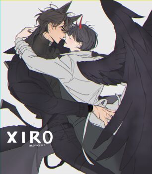 2boys animal_ears arm_around_back arm_around_neck black_coat black_eyes black_hair black_shirt black_wings closed_eyes coat commentary demon_horns dog_ears feathered_wings feet_out_of_frame high_collar horns hug kemonomimi_mode kim_dokja looking_at_another male_focus multiple_boys official_alternate_costume omniscient_reader&#039;s_viewpoint open_clothes open_coat popped_collar shirt short_hair symbol-only_commentary white_coat wings xiro yoo_joonghyuk