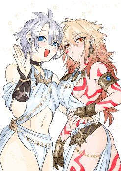 Rule 34 | 2girls, :d, absurdres, ancient greek clothes, antenna hair, arm tattoo, armlet, armpit crease, ass, backless outfit, bare shoulders, belt, blonde hair, blue eyes, blush, body markings, bracer, braid, breast tattoo, breasts, bridal gauntlets, bright pupils, brown choker, choker, closed mouth, clothes between thighs, commentary request, cowboy shot, curtained hair, earrings, facial mark, gauntlets, genderswap, genderswap (mtf), gold armlet, gold belt, gold thighlet, gradient hair, greco-roman clothes, hair between eyes, hand on another's hip, hand up, happy aura, highres, honkai: star rail, honkai (series), jewelry, leg tattoo, long hair, mark under eye, medium breasts, multicolored hair, multiple girls, mydei (honkai: star rail), navel, neck tattoo, omikiti2567, open mouth, orange eyes, orange hair, phainon (honkai: star rail), pixie cut, red tattoo, revealing clothes, short hair, side braid, sideboob, simple background, single gauntlet, smile, standing, stomach, sun symbol, sun tattoo, symbol in eye, tan, tattoo, thighlet, two-tone hair, very short hair, waving, white background, white hair, white pupils