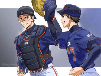2boys ace_of_diamond baseball_cap baseball_glove baseball_helmet baseball_uniform belt black_belt border brown_hair chest_protector commentary_request compression_shirt eye_contact goggles grin hat helmet highres kusatakesi letterboxed looking_at_another male_focus miyuki_kazuya multiple_boys outside_border pants sawamura_eijun short_hair sideburns smile sportswear twitter_username white_border white_pants
