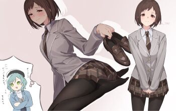 2girls :3 aqua_hair bang_dream! beret black_hat black_pantyhose blue_jacket brown_necktie brown_skirt commentary crossed_arms diagonal-striped_clothes diagonal-striped_necktie dress green_eyes grey_jacket haneoka_school_uniform hat hazawa_tsugumi highres hikawa_hina holding holding_shoes holding_unworn_clothes jacket kanade_(kanade_3344) medium_hair multiple_girls necktie no_shoes open_mouth pantyhose plaid_clothes plaid_skirt pleated_skirt school_uniform shoes short_hair skirt striped_clothes translation_request unworn_shoes