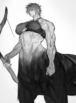 1girl bow_(weapon) centaur commentary cowboy_shot grey_background greyscale highres holding holding_bow_(weapon) holding_weapon monochrome monster_girl muscular muscular_female original s_xing_guowang scar scars_all_over short_hair simple_background solo standing symbol-only_commentary taur too_many weapon