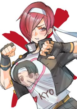 1girl blush breasts character_print cosplay crossdressing fingerless_gloves genderswap genderswap_(mtf) gloves headband kusanagi_kyou kusanagi_kyou_(cosplay) large_breasts looking_at_viewer miss_x red_eyes red_hair rosie_rosie simple_background sketch snk snk_heroines:_tag_team_frenzy solo yagami_iori