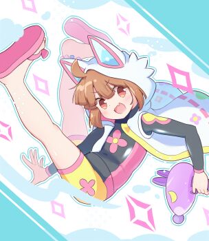 1girl ahoge animal_ears arm_between_legs atari blush bodysuit brown_eyes brown_hair commentary_request diamond_(shape) diving_suit fang flower highres holding holding_water_gun hood hoodie jazz_grace legs_up looking_at_viewer lying multicolored_wetsuit on_back pink_flower puyopuyo puyopuyo_quest rebecca_(puyopuyo_quest) sandals skin_fang solo water_gun wetsuit white_hoodie wolf_ears