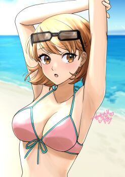 armpits arms_up beach bikini blush breasts brown_eyes brown_hair highres kagamon2 large_breasts ocean persona persona_3 sand short_hair sunglasses_on_head swimsuit takeba_yukari upper_body water