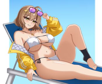 1girl absurdres anis_(nikke) anis_(sparkling_summer)_(nikke) beach_chair bikini breasts brown_hair cleavage collarbone commentary curvy english_commentary eyepatch_bikini eyewear_on_head foot_out_of_frame goddess_of_victory:_nikke grin hair_ornament highres jacket jewelry knee_up large_breasts lugoca navel off_shoulder official_alternate_costume pendant short_hair sitting smile solo stomach sunglasses swimsuit thighs tinted_eyewear white_bikini yellow_eyes yellow_jacket