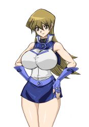 Rule 34 | 1girl, bare shoulders, blonde hair, blue gloves, blue skirt, breasts, closed mouth, duel academy uniform (yu-gi-oh! gx), female focus, fingerless gloves, gloves, hair between eyes, hand on own hip, highres, large breasts, long hair, looking at viewer, matching hair/eyes, skirt, smile, solo, standing, tenjouin asuka, transparent background, yellow eyes, yu-gi-oh!, yu-gi-oh! gx, zahkey