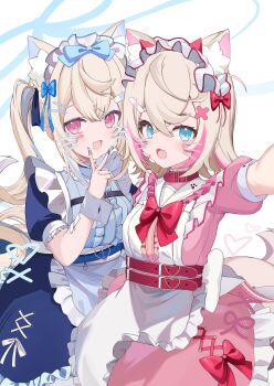 2girls absurdres animal_ear_fluff animal_ears apron aqua_eyes aqua_hair blue_dress blush breasts center_frills commentary_request dog_ears dog_girl dog_tail dress frilled_apron frilled_hairband frills fuwawa_abyssgard hair_between_eyes hair_ornament hairband highres hololive hololive_english long_hair looking_at_viewer maid_apron maid_headdress medium_breasts mococo_abyssgard multicolored_hair multiple_girls open_mouth pink_dress pink_eyes pink_hair puffy_short_sleeves puffy_sleeves short_hair short_sleeves siblings simple_background sisters smile tail twins virtual_youtuber waist_apron white_apron white_background wrist_cuffs x_hair_ornament yuni_animal_(remyi_3)