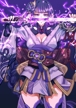 Rule 34 | 1girl, back bow, blunt bangs, bow, braid, breasts, bridal gauntlets, cleavage, closed mouth, clothing cutout, commentary, electricity, fan hair ornament, genshin impact, glowing, glowing sword, glowing weapon, hair ornament, highres, holding, holding sword, holding weapon, japanese clothes, katana, kimono, large breasts, lingerie, looking at viewer, mitsudomoe (shape), mole, mole under eye, neck ribbon, off shoulder, purple background, purple eyes, purple hair, purple kimono, purple thighhighs, raiden shogun, red ribbon, red sash, ribbon, sash, shade, shiroisoul, shoulder cutout, solo, standing, sword, thighhighs, tomoe (symbol), underwear, upper body, weapon, wide sleeves