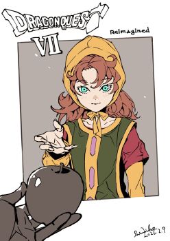 Rule 34 | 1girl, 1other, apple, aqua eyes, artist name, border, brown hair, closed mouth, commentary request, copyright name, dated, dragon quest, dragon quest vii, dress, food, fruit, green tunic, grey background, hair between eyes, highres, himiko (326ontheweb), holding, holding food, holding fruit, light blush, light smile, long hair, looking at viewer, maribel (dq7), orange bonnet, parted bangs, red dress, tunic, upper body, white border