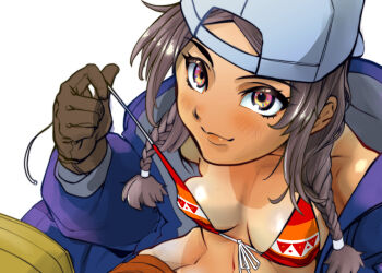 1girl backwards_hat bikini blue_hat blue_jacket blush braid breasts brown_gloves brown_hair closed_mouth commentary_request dark-skinned_female dark_skin eyelashes front-tie_bikini_top front-tie_top gloves gundam gundam:_hathaway's_flash hat jacket julia_suga lips long_hair long_sleeves open_clothes open_jacket original simple_background smile solo swimsuit tan tanline twin_braids twintails white_background zouge