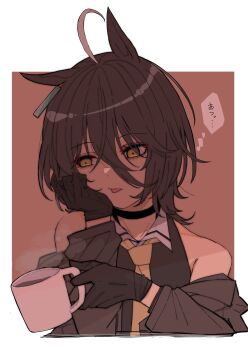 1girl ahoge alternate_hair_length alternate_hairstyle animal_ears bare_shoulders black_coat black_gloves black_shirt closed_mouth coat coffee collarbone commentary_request cup ear_tag earrings gloves hair_between_eyes hair_ribbon hand_on_own_face highres holding holding_cup horse_ears horse_girl jewelry kawamochi_(kawauti919) long_hair_between_eyes manhattan_cafe_(umamusume) medium_hair multicolored_hair necktie off_shoulder one_ear_down open_clothes open_coat ribbon shirt single_earring sleeveless sleeveless_shirt solo speech_bubble steam thought_bubble tongue tongue_out translation_request umamusume white_hair yellow_eyes yellow_necktie