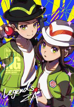 1girl black_hair black_hat blush breasts brown_hair closed_mouth green_eyes green_jacket harmony_(pokemon) hat highres holding holding_poke_ball jacket long_sleeves looking_at_viewer nintendo open_clothes open_jacket open_mouth pants paxton_(pokemon) poke_ball poke_ball_(basic) pokemon pokemon_legends:_z-a shirt short_hair smile star_(symbol) striped_hat white_hat white_shirt yomogi_dango_(sbj_rocketlink)