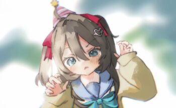 1girl ahoge aqua_bow aqua_bowtie blue_eyes blue_sailor_collar blurry blurry_background blush bow bowtie brown_hair cardigan curled_fingers derivative_work double-parted_bangs furrowed_brow hair_between_eyes hair_intakes hair_ornament hair_ribbon hands_up hashtag-only_commentary heart heart_hair_ornament hime647410 long_hair long_sleeves mini_party_hat neuro-sama open_mouth portrait raised_eyebrow red_ribbon ribbon sailor_collar screenshot_redraw shoulder_tilt sleeves_past_wrists solo two_side_up v-shaped_eyebrows vedal_ai virtual_youtuber yellow_cardigan