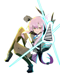 1girl absurdres black_gloves black_jacket black_pantyhose black_shoes blue_archive blue_necktie bonjiri_uma_tarou comiket_107 commentary_request cover cover_page drill floating gloves halo hand_up highres jacket knee_up long_hair long_sidelocks necktie pantyhose purple_hair purple_halo shirt shoes sidelocks skirt smile solo textless_version utaha_(blue_archive) v-shaped_eyebrows white_shirt white_skirt yellow_eyes