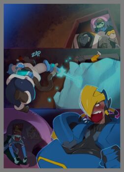 armor blush breasts d.va_(overwatch) dark-skinned_female dark_skin doxy gorilla huge_breasts mei_(overwatch) multiple_girls open_mouth overwatch overwatch_1 pharah_(overwatch) tracer_(overwatch) winston_(overwatch)