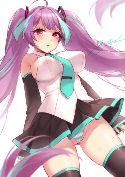 1girl :o ahoge blue_hair blue_necktie blue_panties breasts cameltoe collared_shirt cosplay covered_erect_nipples detached_sleeves gluteal_fold grey_shirt hatsune_miku hatsune_miku_(cosplay) highres large_breasts looking_at_viewer macross macross_delta mikumo_guynemer multicolored_hair necktie open_mouth panties purple_hair red_eyes sasanoneko shirt skindentation sleeveless sleeveless_shirt solo streaked_hair striped_clothes striped_panties thighhighs twintails underwear vocaloid white_panties