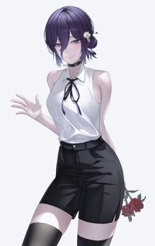 1girl absurdres black_choker black_ribbon black_shorts black_thighhighs chainsaw_man choker collared_shirt flower green_eyes grenade_pin hair_flower hair_ornament highres holding holding_flower looking_at_viewer neck_ribbon purple_hair red_flower reze_(chainsaw_man) ribbon sharklesz shirt shirt_tucked_in shorts simple_background sleeveless sleeveless_shirt solo thighhighs white_background white_flower white_shirt