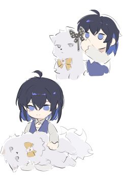 1girl absurdres adjusting_bow ahoge animal animalization annoyed black_bow black_hair blue_eyes blue_hair blue_vest bow bowtie bronya_zaychik brooch chibi closed_mouth clothed_animal collar colored_inner_hair covered_mouth cropped_torso detached_collar expressionless eyelashes frown grey_collar grey_eyes grey_shirt hair_between_eyes happy highres honkai_(series) honkai_impact_3rd jewelry long_sleeves looking_at_animal lying multicolored_hair multiple_views official_alternate_costume on_side petting polka_dot polka_dot_bow seele_vollerei seele_vollerei_(azure_memories) shirt short_hair simple_background sketch sleeves_past_wrists smile v-neck vest white_background wolf yellow_bow yellow_bowtie zha_ha