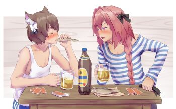 2boys adidas alcohol astolfo_(fate) beer blush brown_hair card closed_eyes cup drunk eating fate/apocrypha fate/grand_order fate_(series) felix_argyle fish highres multiple_boys open_mouth pink_eyes pink_hair re:zero_kara_hajimeru_isekai_seikatsu russian shirt striped_clothes striped_shirt table tagme telnyashka trap wooden_table