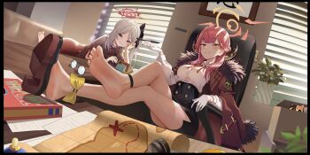 2girls aru_(blue_archive) barefoot black_border blue_archive border breasts chair chinese_commentary coat commentary_request couch crossed_legs dawn02 feet fur-trimmed_coat fur_trim glasses gloves grey_hair grin gun halo highres horns indoors long_hair looking_at_viewer map medium_breasts multiple_girls mutsuki_(blue_archive) pencil_skirt pink_hair plant potted_plant purple_eyes shoe_soles side_ponytail sitting skirt small_breasts smile soles toes unworn_eyewear weapon white_gloves yellow_eyes