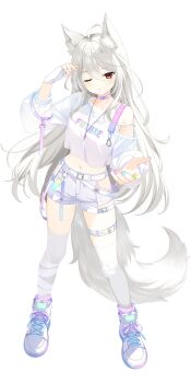 1girl ahoge animal_ear_fluff animal_ears arm_up bandaged_leg bandages belt belt_buckle blue_nails breasts buckle closed_mouth clothes_writing commentary_request crop_top crop_top_overhang fingerless_gloves full_body gloves green_nails grey_shorts hair_between_eyes highres loading_(verjuice) long_hair long_sleeves looking_at_viewer medium_breasts midriff multicolored_nails nail_polish navel off_shoulder one_eye_closed original pink_nails puffy_long_sleeves puffy_sleeves purple_nails red_eyes shirt shoes short_shorts shorts simple_background single_glove solo standing tail thighhighs very_long_hair white_background white_belt white_gloves white_hair white_shirt white_shoes white_thighhighs