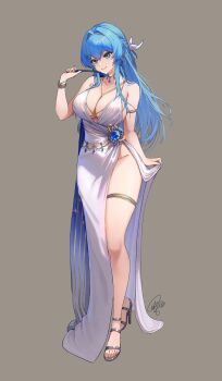 1girl absurdres armlet cocktail_dress diamond_earrings dress earrings evening_gown folded_fan folding_fan full_body goddess_of_victory:_nikke gold_choker hand_fan helm_(chandelier)_(nikke) helm_(nikke) highres jewelry official_alternate_costume pearl_hairband sagle satin_dress silver_dress solo thighlet