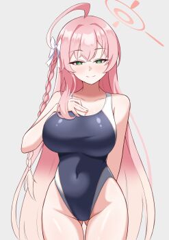 1girl absurdres ahoge black_one-piece_swimsuit blue_archive bow braid breasts competition_school_swimsuit covered_navel gluteal_fold green_eyes hair_between_eyes hair_bow halo hanako_(blue_archive) highleg highleg_one-piece_swimsuit highres huge_breasts long_hair looking_at_viewer minaduki0707 one-piece_swimsuit pink_hair pink_halo school_swimsuit smile solo swimsuit trinity_general_school_swimsuit very_long_hair white_bow