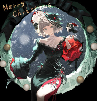 Rule 34 | 1girl, absurdres, aqua eyes, black dress, black hat, black nails, brown hair, closed mouth, commentary, dress, earrings, guagua0313, hat, highres, jewelry, lace, lace-trimmed dress, lace trim, long sleeves, looking at viewer, mercuria (reverse:1999), merry christmas, nail polish, reverse:1999, santa hat, short hair, side slit, solo, symbol-only commentary, two-sided dress, two-sided fabric