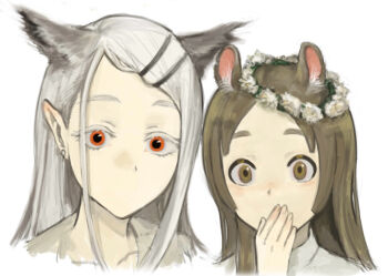 Rule 34 | 2girls, animal ear fluff, brown eyes, brown hair, colored eyelashes, commentary request, covering own mouth, earrings, grey hair, hair ornament, hairclip, hamster girl, hand up, head wreath, highres, jewelry, kemonomimi mode, kuramoto china, looking at viewer, multiple girls, no mouth, numaga06, orange eyes, owl girl, parallel hairclips, pointy ears, portrait, shinosawa hiro, simple background, stud earrings, swept bangs, white background