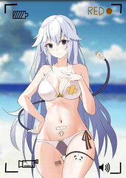 1girl absurdres barcode bare_arms bare_shoulders battery_indicator beach bikini blurry blush breasts chain chinese_commentary cleavage closed_mouth cloud collarbone cowboy_shot grey_eyes grey_hair hair_between_eyes hand_on_own_hip highres large_breasts long_hair mecha_musume midriff navel original outdoors paheide_guang plug recording shadow shiny_skin side-tie_bikini_bottom sidelocks smile solo standing swimsuit tail thigh_gap thigh_strap v-shaped_eyebrows volume_symbol w white_bikini wide_hips