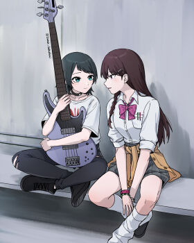 2girls 5-string_bass_guitar absurdres bang_dream! bang_dream!_it's_mygo!!!!! bass_guitar black_choker black_pants black_shoes blue_eyes bow bowtie bracelet braid breast_pocket brown_cardigan brown_hair cardigan cardigan_around_waist chinese_commentary choker clothes_around_waist commentary_request ear_piercing earrings extended_range_bass_guitar grey_skirt gyaru hair_ornament hairclip highres hugging_object instrument jewelry leg_warmers long_hair looking_at_another multiple_girls open_mouth pants parallel_hairclips piercing pink_bow pink_bowtie plaid_bow plaid_bowtie plaid_clothes plaid_skirt pocket purple_eyes rankaku school_uniform shiina_taki shirt shoes short_hair side_braid sitting skirt stud_earrings torn_clothes torn_pants white_leg_warmers white_shirt yahata_umiri