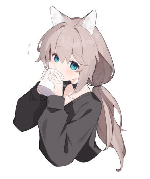Rule 34 | 1girl, animal ear fluff, animal ears, black choker, black shirt, blue eyes, brown hair, choker, commentary request, cropped torso, cup, flying sweatdrops, hair between eyes, hands up, highres, holding, holding cup, long hair, long sleeves, looking at viewer, low ponytail, mug, original, ponytail, puffy long sleeves, puffy sleeves, riya (01214), shirt, simple background, sleeves past wrists, solo, steam, very long hair, white background