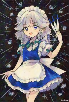 Rule 34 | 1girl, apron, back bow, between fingers, bow, braid, commentary, dated, green bow, grey hair, hair bow, hashtag-only commentary, highres, holding, holding knife, izayoi sakuya, knife, knives between fingers, long hair, looking at viewer, maa (forsythia1729), maid, maid headdress, open mouth, puffy short sleeves, puffy sleeves, purple eyes, short sleeves, sleeve bow, smile, solo, touhou, traditional media, twin braids, twitter username, waist apron, watermark, white apron, white bow