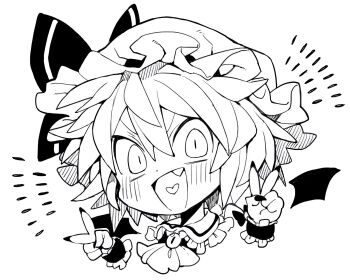 Rule 34 | 1girl, :d, ascot, bat wings, blush, collared shirt, commentary request, cropped shoulders, dot nose, double-parted bangs, double v, fang, fingernails, frilled shirt collar, frills, greyscale, hair between eyes, hands up, hat, hat ribbon, heart, heart in mouth, highres, long fingernails, looking at viewer, mob cap, monochrome, morino hon, open mouth, remilia scarlet, ribbon, shirt, short hair, simple background, smile, solo, touhou, v, v-shaped eyebrows, wings, wrist cuffs