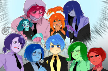 2024 3boys 6+girls anger_(inside_out) anxiety_(inside_out_2) blue_hair blue_skin business_suit colored_skin disgust_(inside_out) disney embarrassment_(inside_out) ennui_(inside_out_2) envy_(inside_out_2) fear_(inside_out) formal_clothes glasses green_eyes green_hair green_skin highres inside_out inside_out_2 joy_(inside_out) kuanime masked multiple_boys multiple_girls orange_hair orange_skin phone pink_eyes pink_hair pink_skin pixar purple_eyes purple_hair purple_skin red_eyes red_hair red_skin sadness_(inside_out) short_hair suit tagme yellow_skin