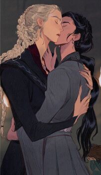 2girls a_song_of_ice_and_fire ami_thompson black_dress black_hair braid closed_eyes dress earrings grey_dress grey_hair hand_on_another&#039;s_neck house_of_the_dragon hug jewelry kiss kissing_cheek long_hair low_ponytail multi-tied_hair multiple_braids multiple_girls mysaria parted_lips ponytail rhaenyra_targaryen sidelocks upper_body yuri