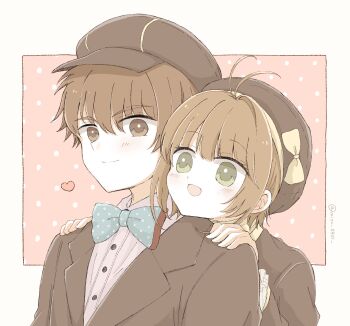 Rule 34 | 1boy, 1girl, :d, antenna hair, blue bow, blue bowtie, border, bow, bowtie, brown eyes, brown hair, brown hat, brown jacket, cardcaptor sakura, closed mouth, commentary, green eyes, hair between eyes, hands on another's shoulders, hat, hat bow, heart, highres, jacket, kinomoto sakura, li syaoran, mizu 0401, open mouth, outside border, pink background, polka dot, polka dot background, polka dot bow, polka dot bowtie, short hair, smile, untranslatable commentary, twitter username, upper body, white border, yellow bow