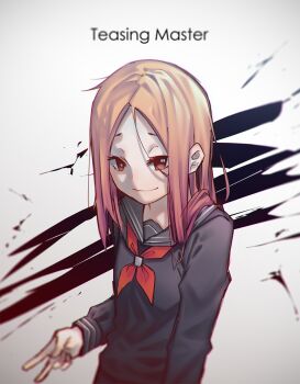 10s 1girl black_serafuku black_shirt brown_eyes brown_hair female_focus highres karakai_jouzu_no_takagi-san long_sleeves mazumaro sailor_collar school_uniform serafuku shirt smile solo takagi-san