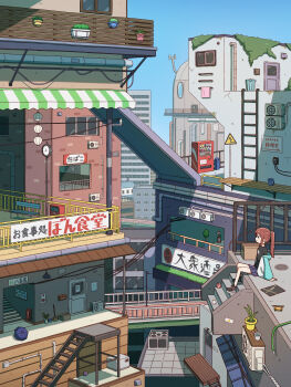 1girl absurdres analog_clock arm_at_side arm_support awning bench black_shirt blue_sky bridge building cable cheribon cityscape clock commentary_request condenser_unit day english_text from_side grey_skirt highres jacket jacket_partially_removed ladder lantern long_hair long_sleeves miniskirt mixed-language_text original outdoors paper_lantern plant pleated_skirt ponytail potted_plant profile red_hair scenery shirt shoes sign simple_background skirt sky skyscraper sneakers solo stairs t-shirt translation_request vending_machine wide_shot