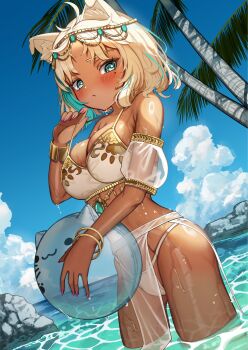 1girl animal_ear_fluff animal_ears aqua_eyes aqua_streaks armpit_crease artist_request ball beachball bikini blonde_hair blue_sky blush bracelet breasts closed_mouth cloud commentary_request cowboy_shot cumulonimbus_cloud dark-skinned_female dark_skin day dog_ears dog_girl fingernails hand_up headpiece highres holding holding_ball holding_beachball indie_virtual_youtuber jewelry large_breasts looking_at_viewer mole mole_under_eye mona_meria multicolored_hair nail_polish outdoors palm_tree parted_bangs pink_nails second-party_source shiny_skin short_hair sky solo streaked_hair swimsuit tree virtual_youtuber wading wet white_bikini