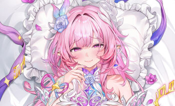 1girl amphoreus_(honkai:_star_rail) bare_shoulders blush breasts chinese_commentary closed_mouth commentary commentary_request cropped cyrene_(honkai:_star_rail) cyrene_(ripples_of_past_reverie)_(honkai:_star_rail) dakimakura_(medium) english_commentary fingernails flower hair_flower hair_intakes hair_ornament hand_up honkai:_star_rail honkai_(series) large_breasts long_hair looking_at_viewer machi_(machi0910) mixed-language_commentary nail_polish paid_reward_available pink_eyes pink_hair pointy_ears portrait purple_flower purple_rose rose sidelocks smile solo sweat